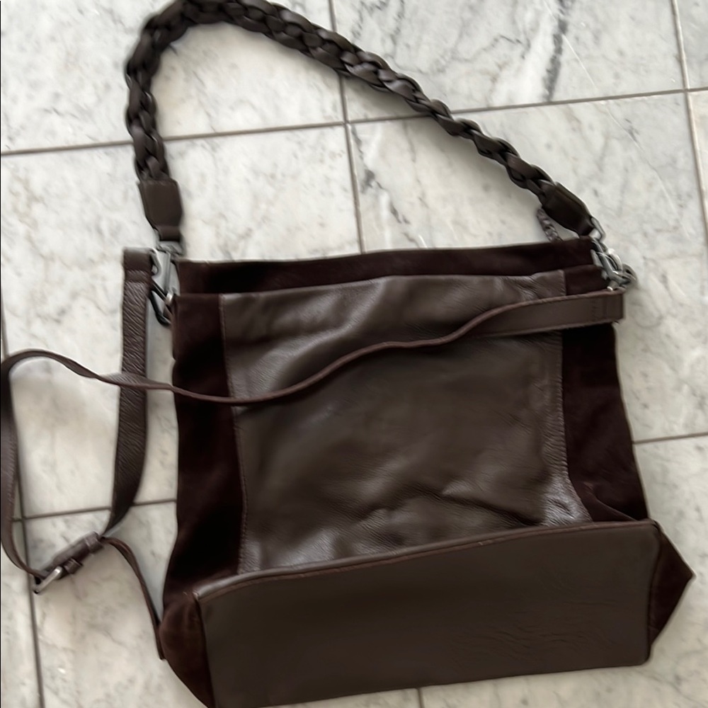 Dark Brown Leather & Suede Braided Strap Shoulder Bag